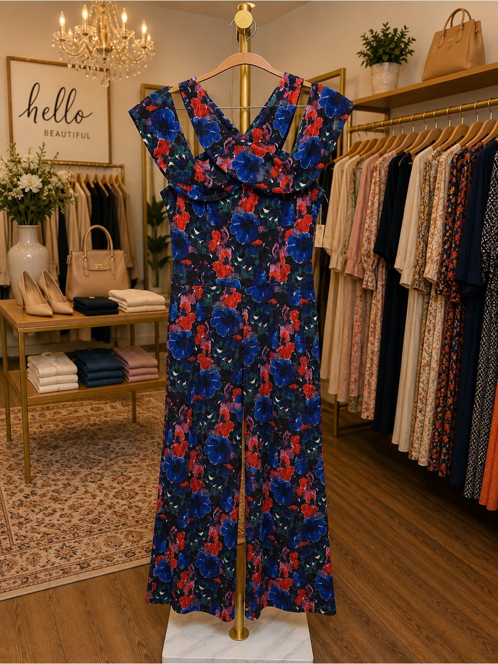 RACHEL Rachel Roy Navy Floral V-Neck Wide-Leg Jumpsuit with Red & Blue Blooms